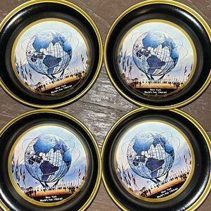 Set of 4 Vintage World's Fair Globe Coasters - Blue & Black